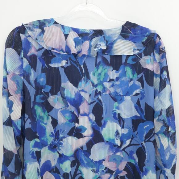 Soft‎ Surroundings Shirt Womens Large Blue Floral Ruffle Corpcore Chiffon V Neck - Picture 10 of 13
